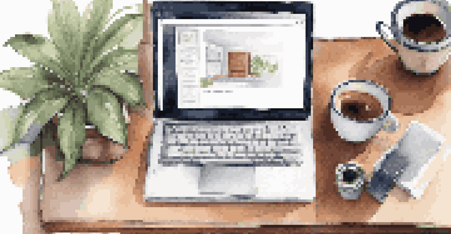 An overhead view of a workspace with a laptop showing a webinar, notes, and a cup of coffee.
