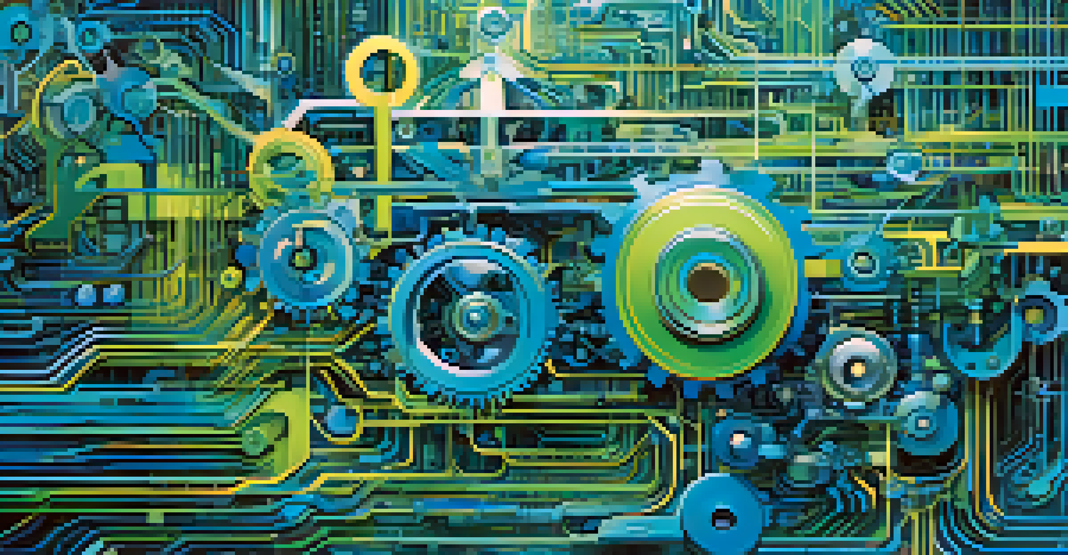 An abstract digital landscape illustrating the flow of data with binary code and charts, symbolizing automation.