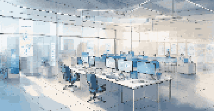 A bright modern office with a digital screen displaying interconnected service icons related to microservices architecture.
