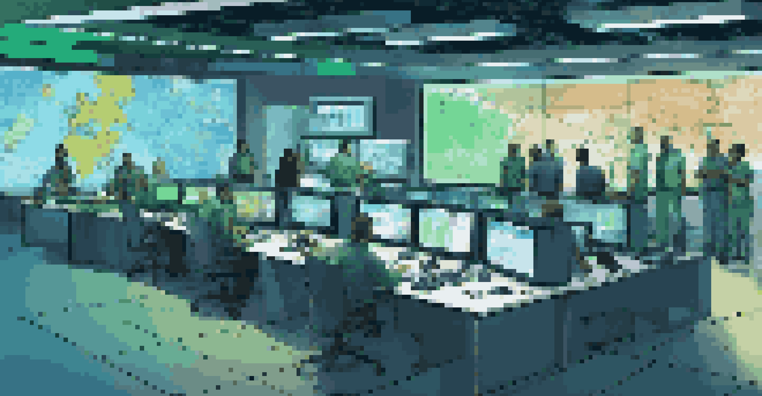 A high-tech emergency management control center with professionals analyzing data on screens and discussing disaster preparedness.