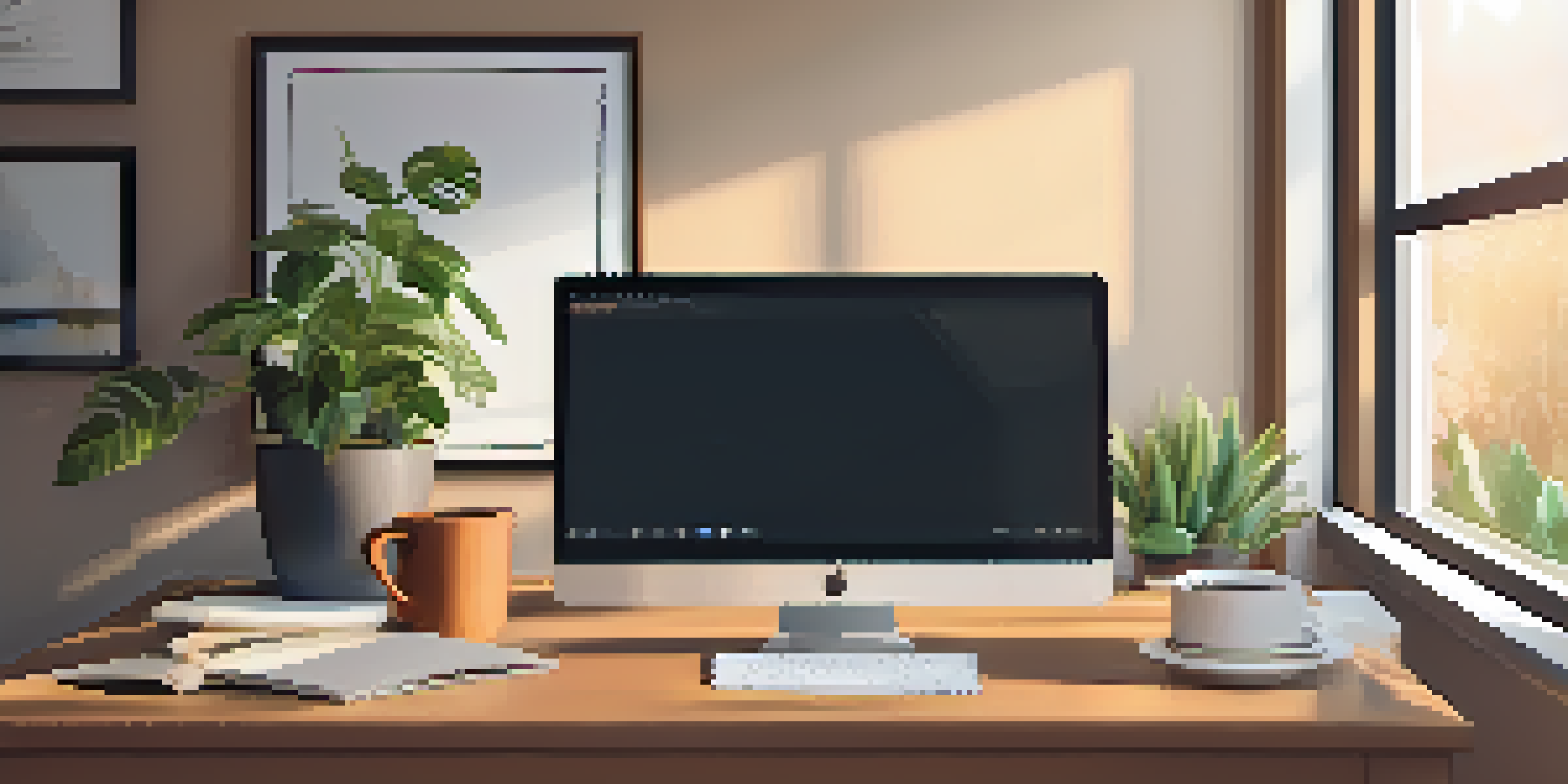 A cozy home office featuring a wooden desk with a laptop showing security software, a cup of coffee, and a plant, all bathed in soft morning light.