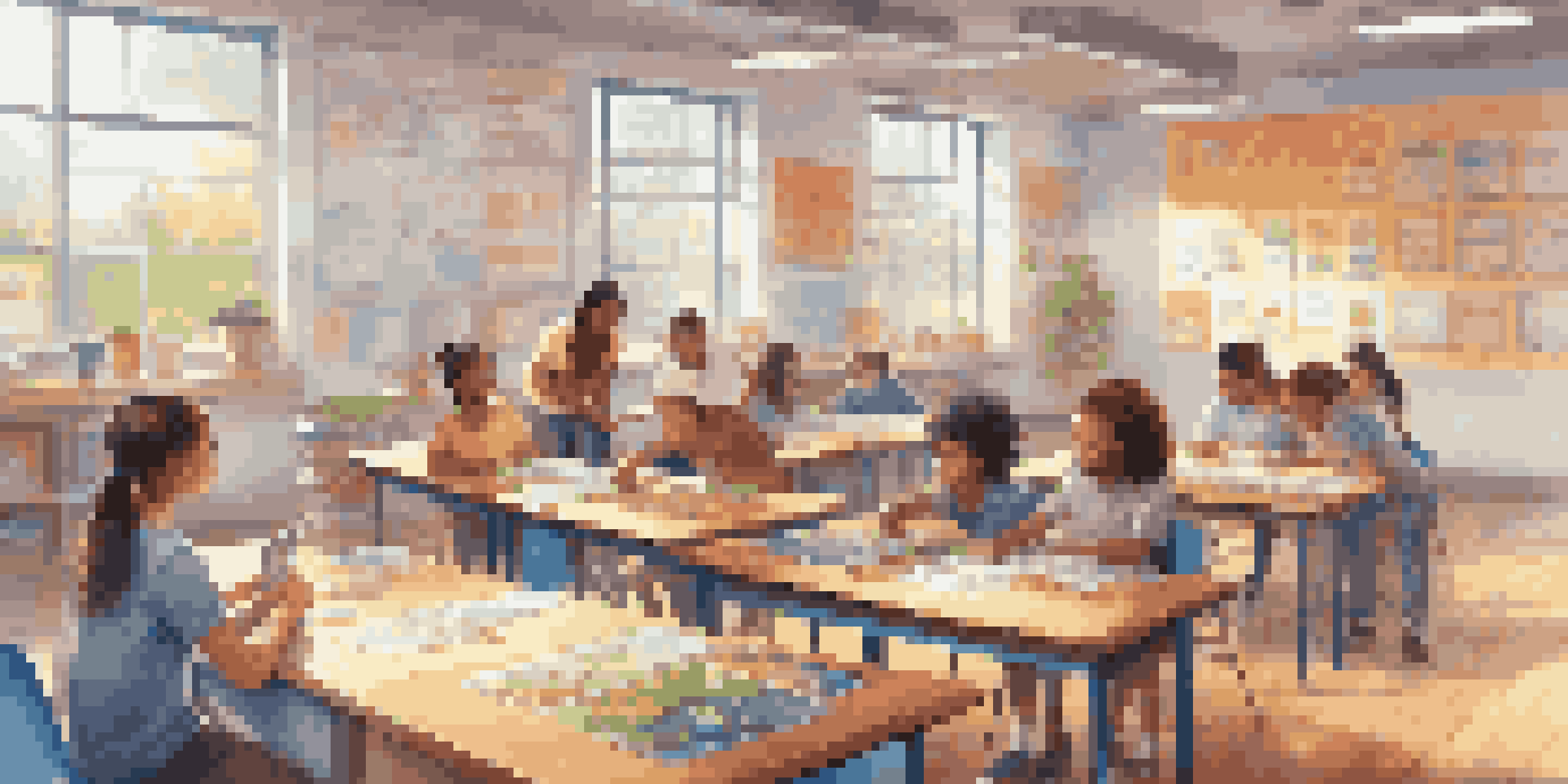 A classroom with students actively participating in gamified learning, showcasing collaboration and colorful decor.