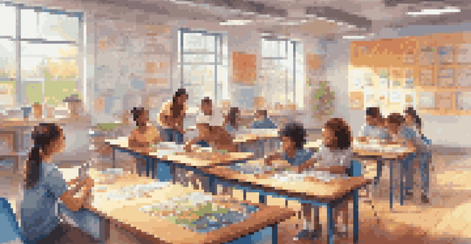 A classroom with students actively participating in gamified learning, showcasing collaboration and colorful decor.