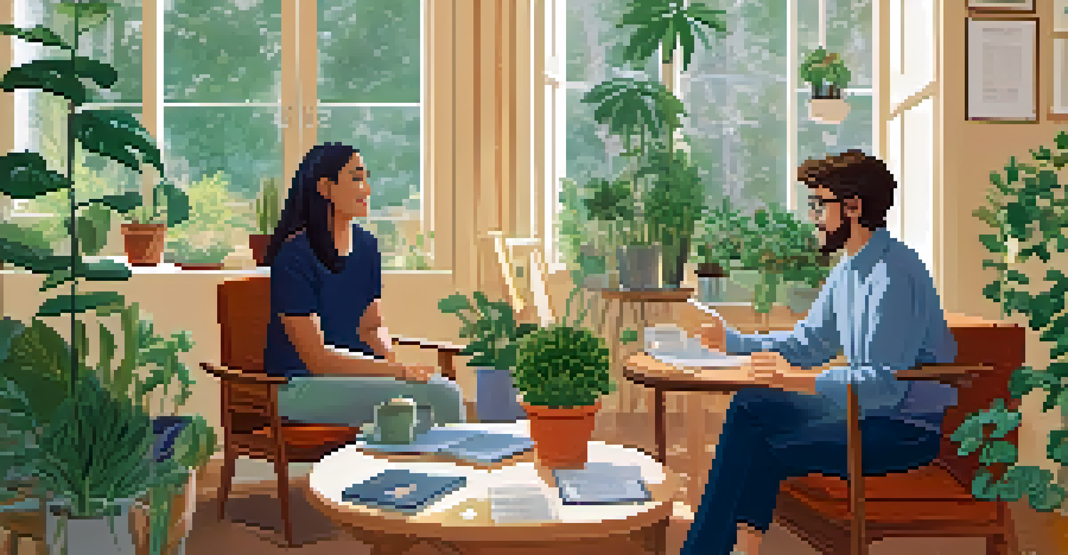 An engaging interview scene in a cozy room with plants, featuring two people in conversation with notebooks and recording devices.