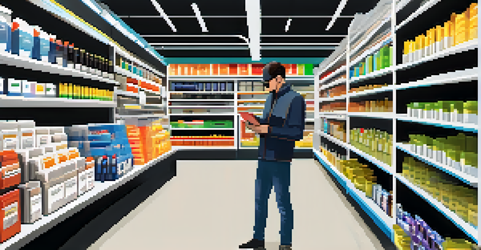 A retail employee wearing augmented reality glasses, scanning shelves and checking inventory levels with digital overlays in a well-organized store.