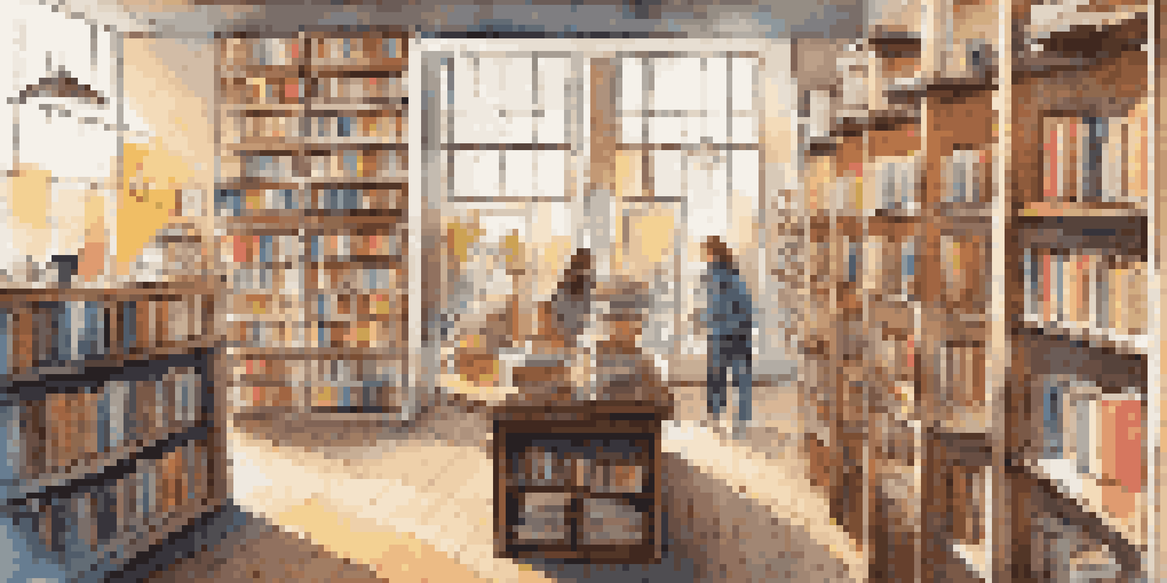 A bright and inviting modern bookstore interior, with shelves of books and a person using a tablet, complemented by a coffee cup on a table.