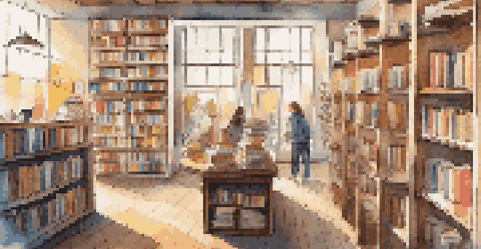 A bright and inviting modern bookstore interior, with shelves of books and a person using a tablet, complemented by a coffee cup on a table.