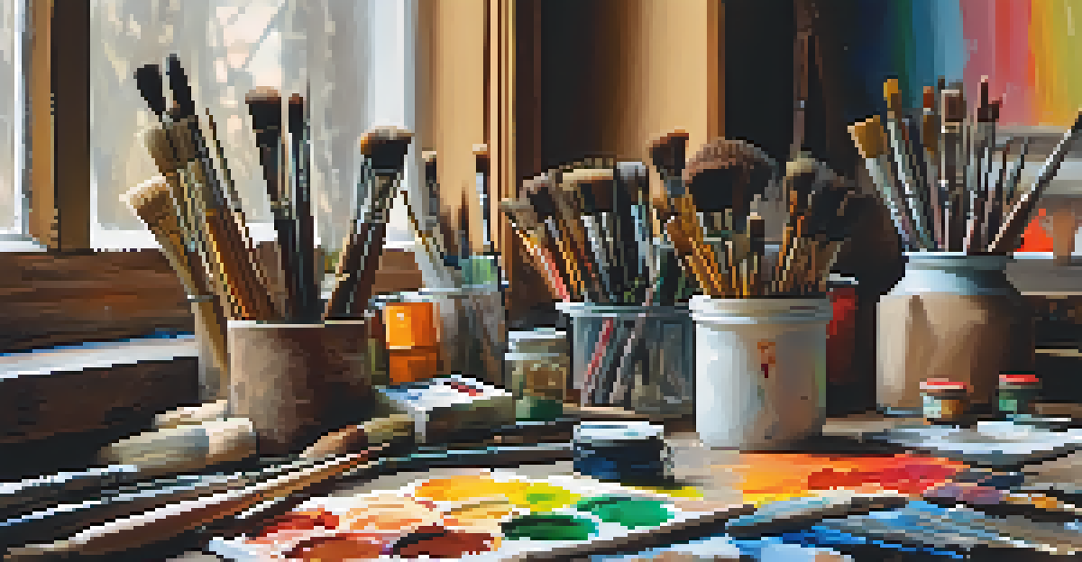 An artist's workspace filled with paintbrushes, canvases, and colorful palettes, illuminated by soft natural light from a window.