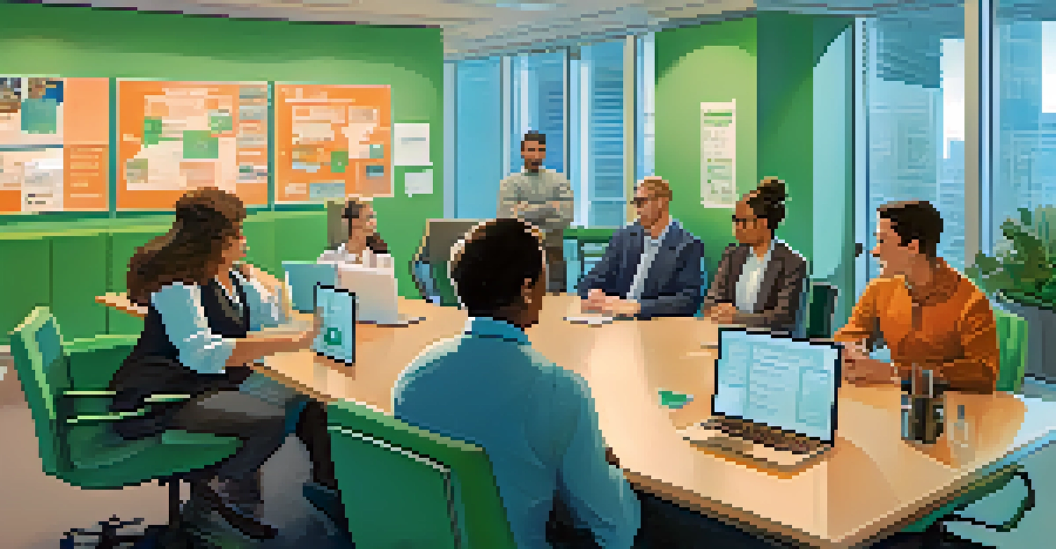A group of employees in a casual meeting space discussing cybersecurity awareness, surrounded by informative posters.