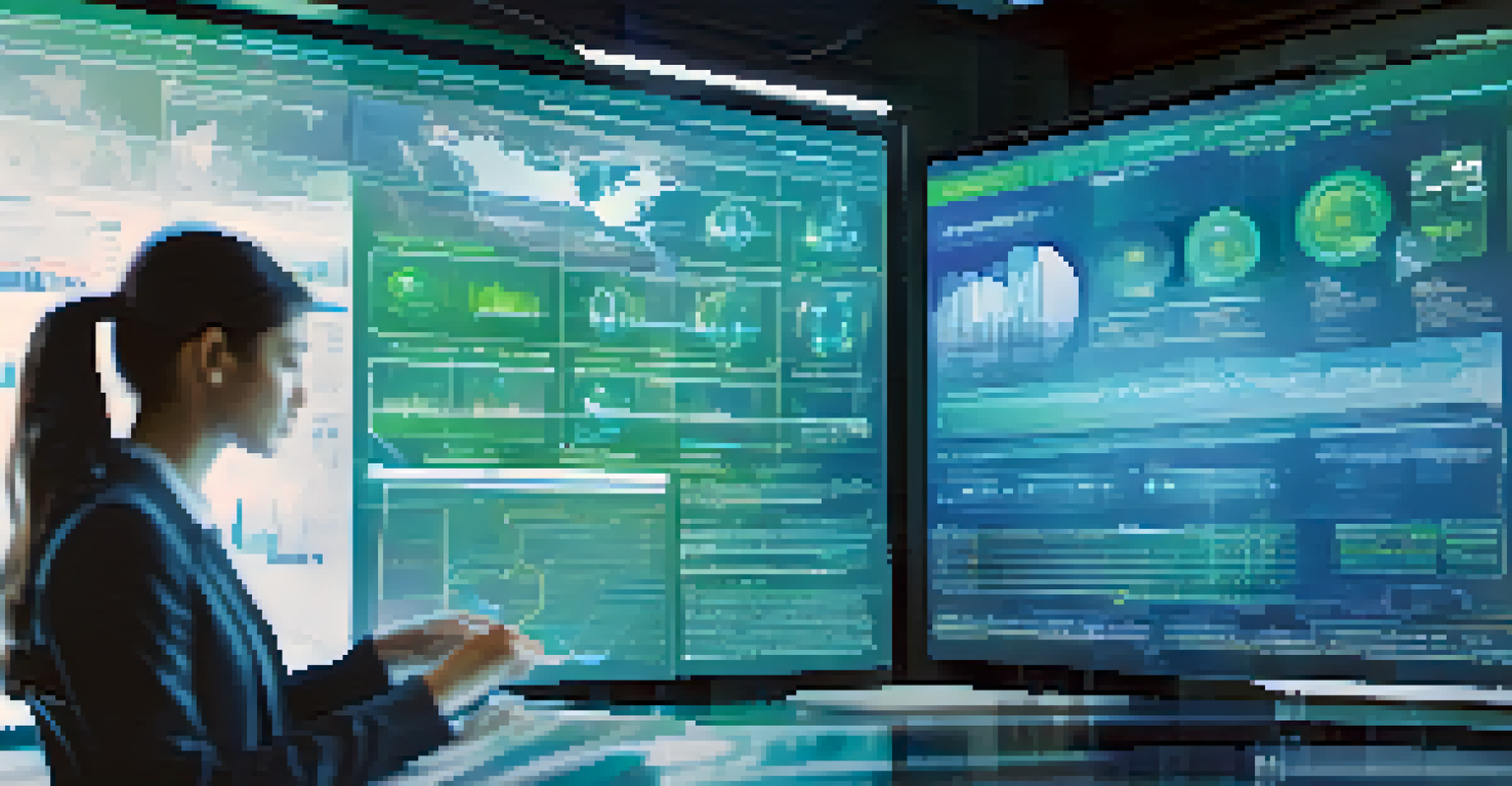 A business professional analyzing futuristic predictive analytics on a transparent screen with dynamic graphs and charts.