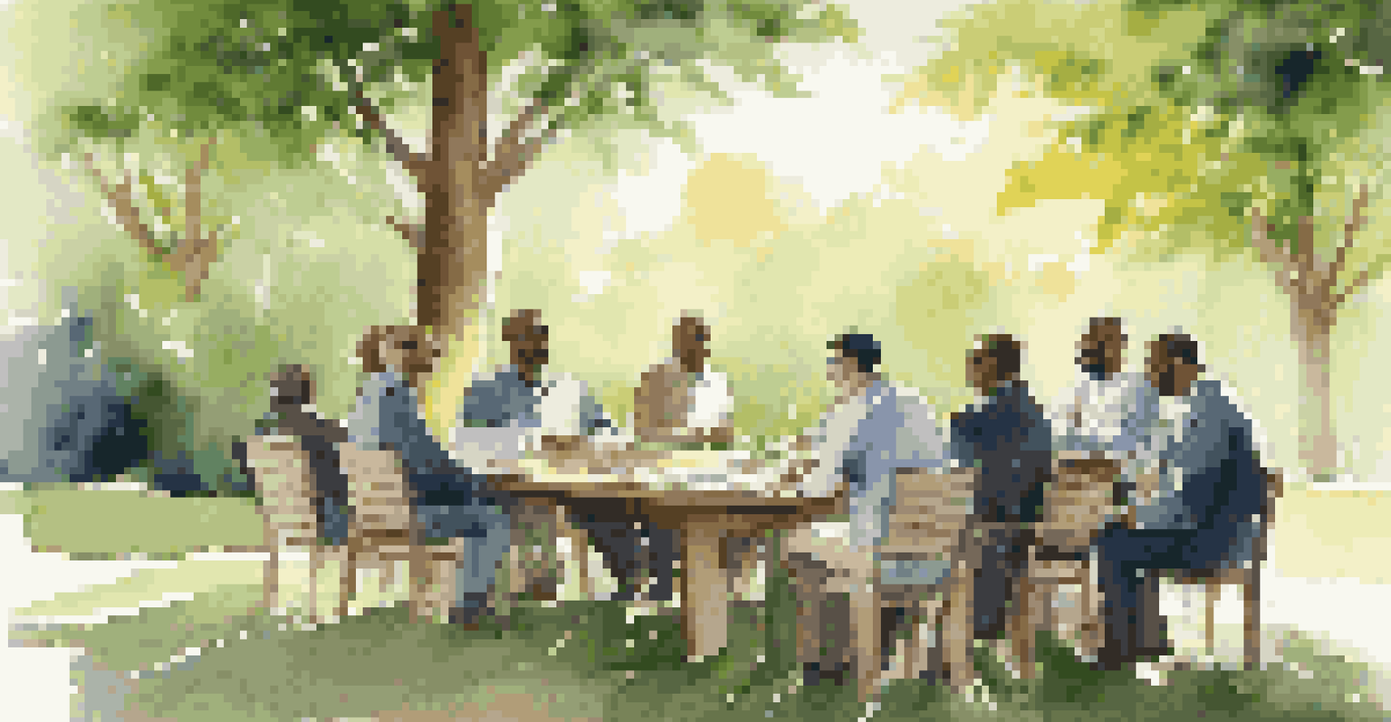 A diverse group of professionals meeting outdoors at a wooden table, discussing collaboration in a green, sunny environment.