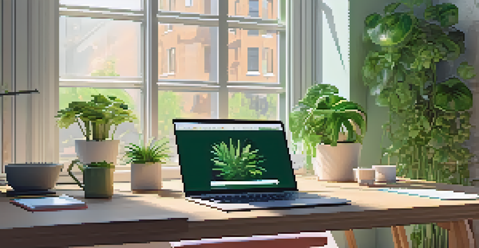 A bright and modern workspace with a wooden desk, laptop, and green plants, showcasing a digital collaboration tool interface.