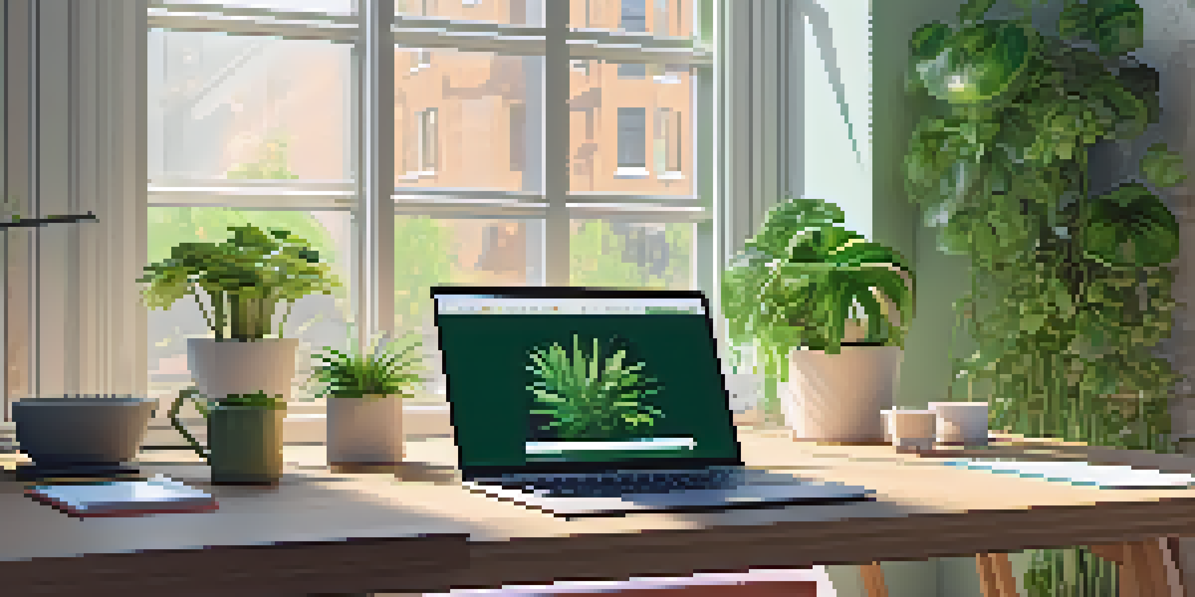 A bright and modern workspace with a wooden desk, laptop, and green plants, showcasing a digital collaboration tool interface.