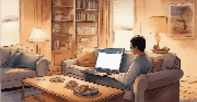 A visually impaired individual is attentively using a laptop with a screen reader in a stylish living room, demonstrating an accessible online shopping experience.