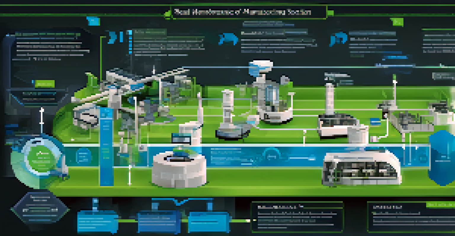 An infographic illustrating digital twin technology in manufacturing with labeled sections.