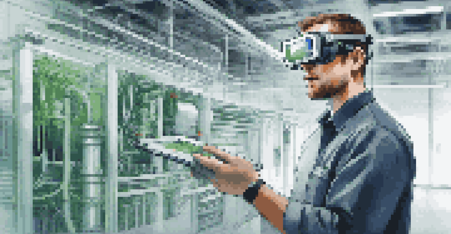 A technician inspecting HVAC systems using augmented reality glasses with data overlays in a modern facility.