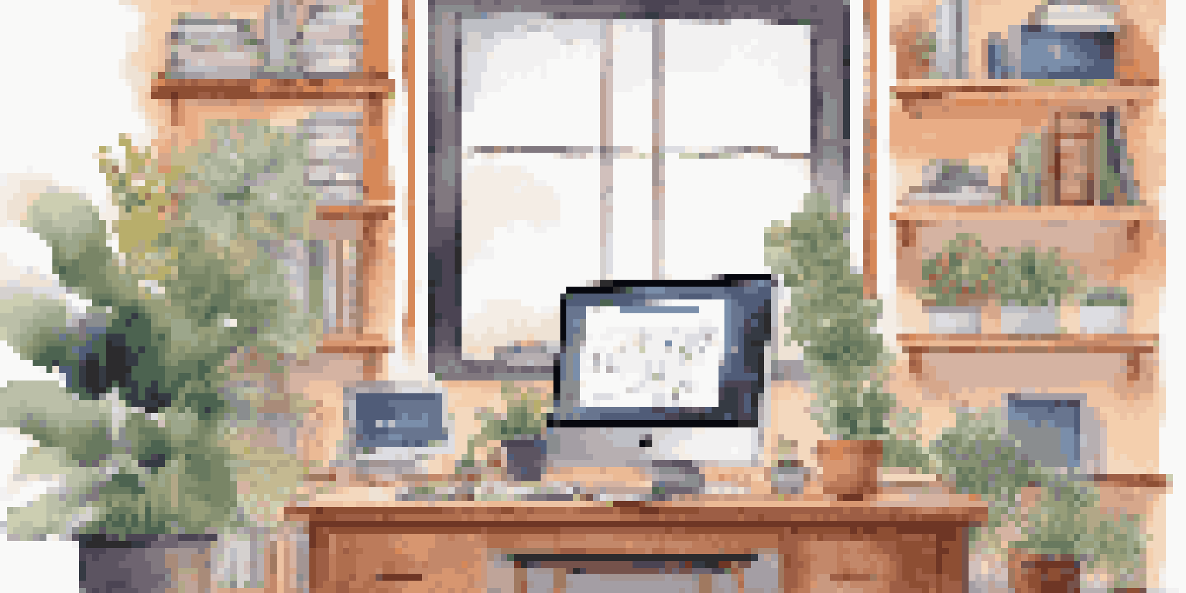 A cozy home office with a computer displaying a well-organized digital knowledge repository, surrounded by plants and bookshelves.