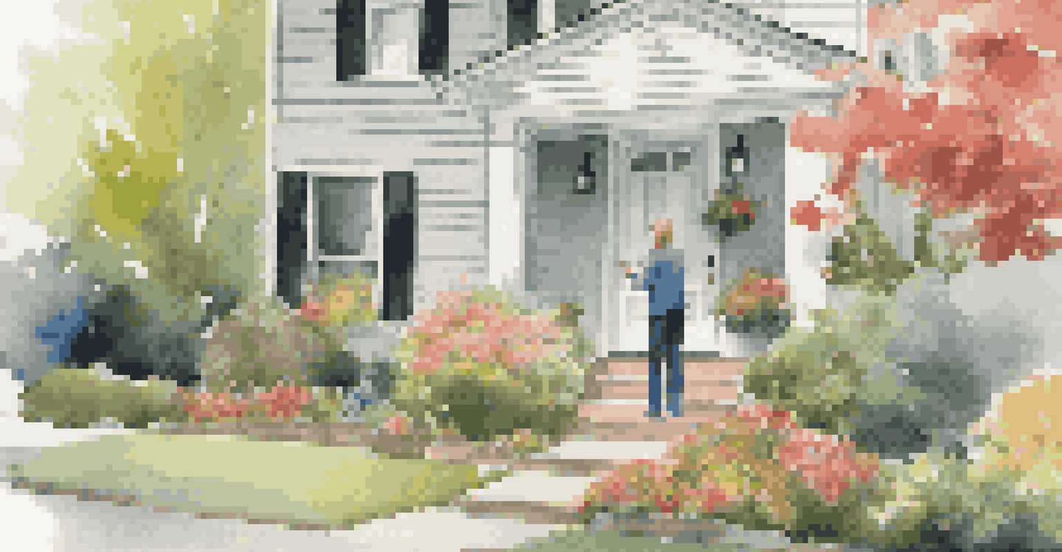 A homeowner using a smartphone to interact with a smart doorbell while a delivery person stands at the door, in a cozy suburban neighborhood.