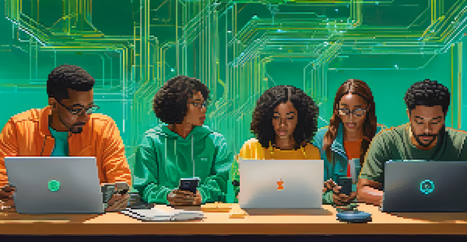 A diverse group of people using digital devices, with visual symbols representing encrypted messaging connecting them in a colorful scene.