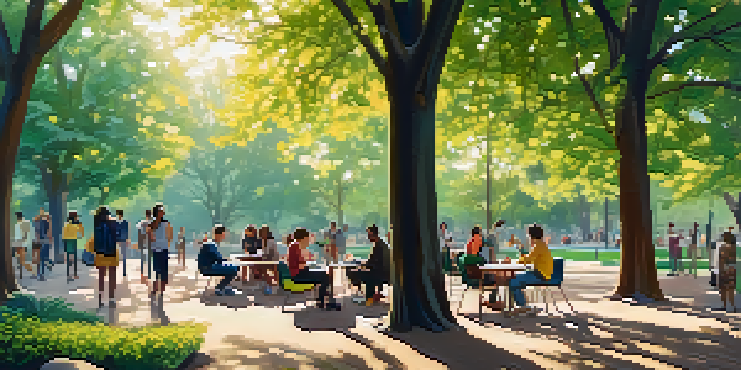 Diverse individuals in a park managing their digital identities on smartphones under sunny trees.