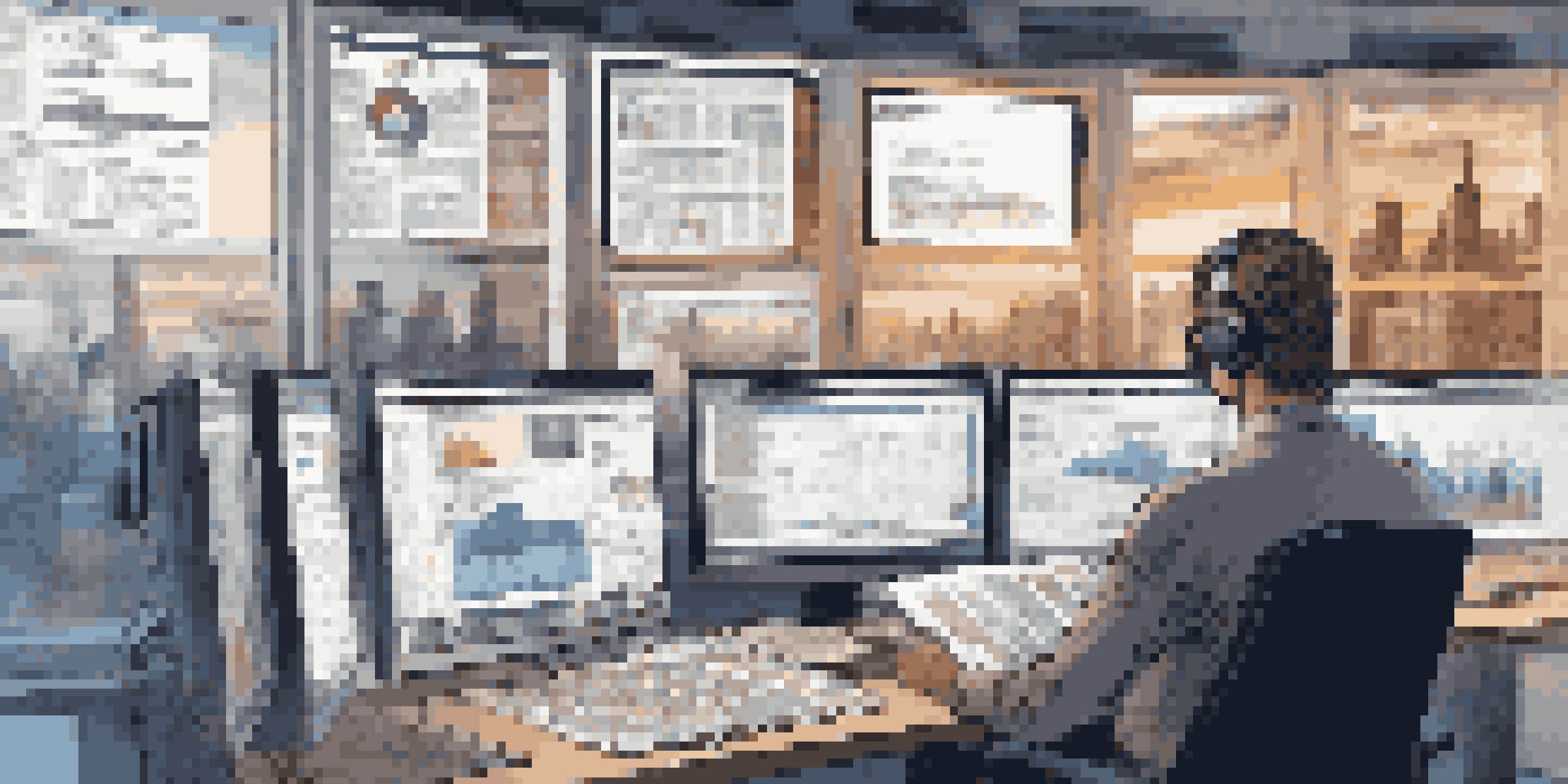 A journalist at a workstation with multiple screens showing news and data analytics, representing the use of NLP in journalism.