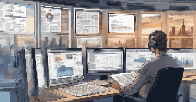 A journalist at a workstation with multiple screens showing news and data analytics, representing the use of NLP in journalism.