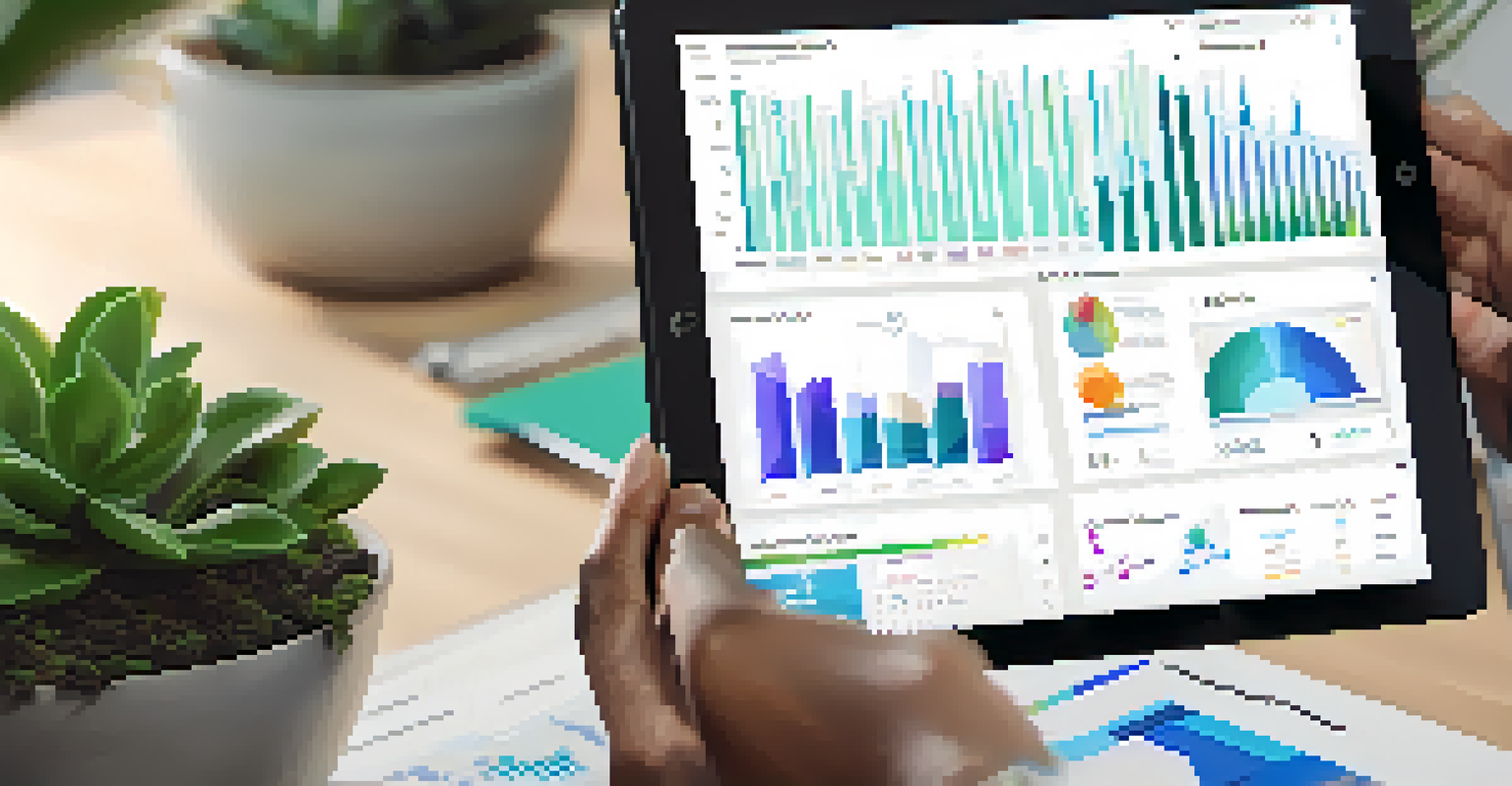 A person using a tablet to interact with an analytics dashboard in a cozy workspace filled with plants and soft lighting.