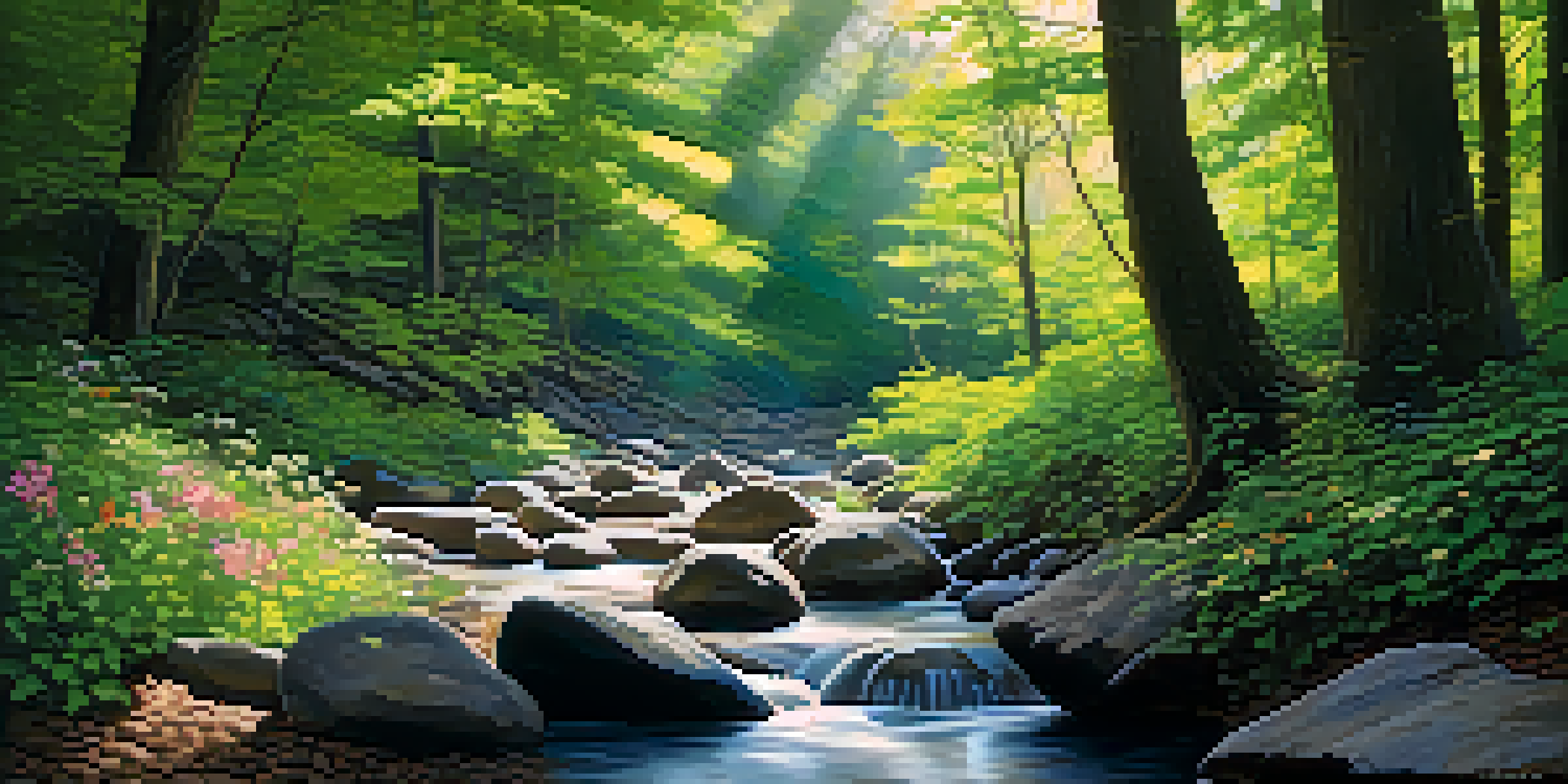 A peaceful forest with sunlight filtering through the leaves, a stream flowing over stones, and colorful flowers in the foreground.