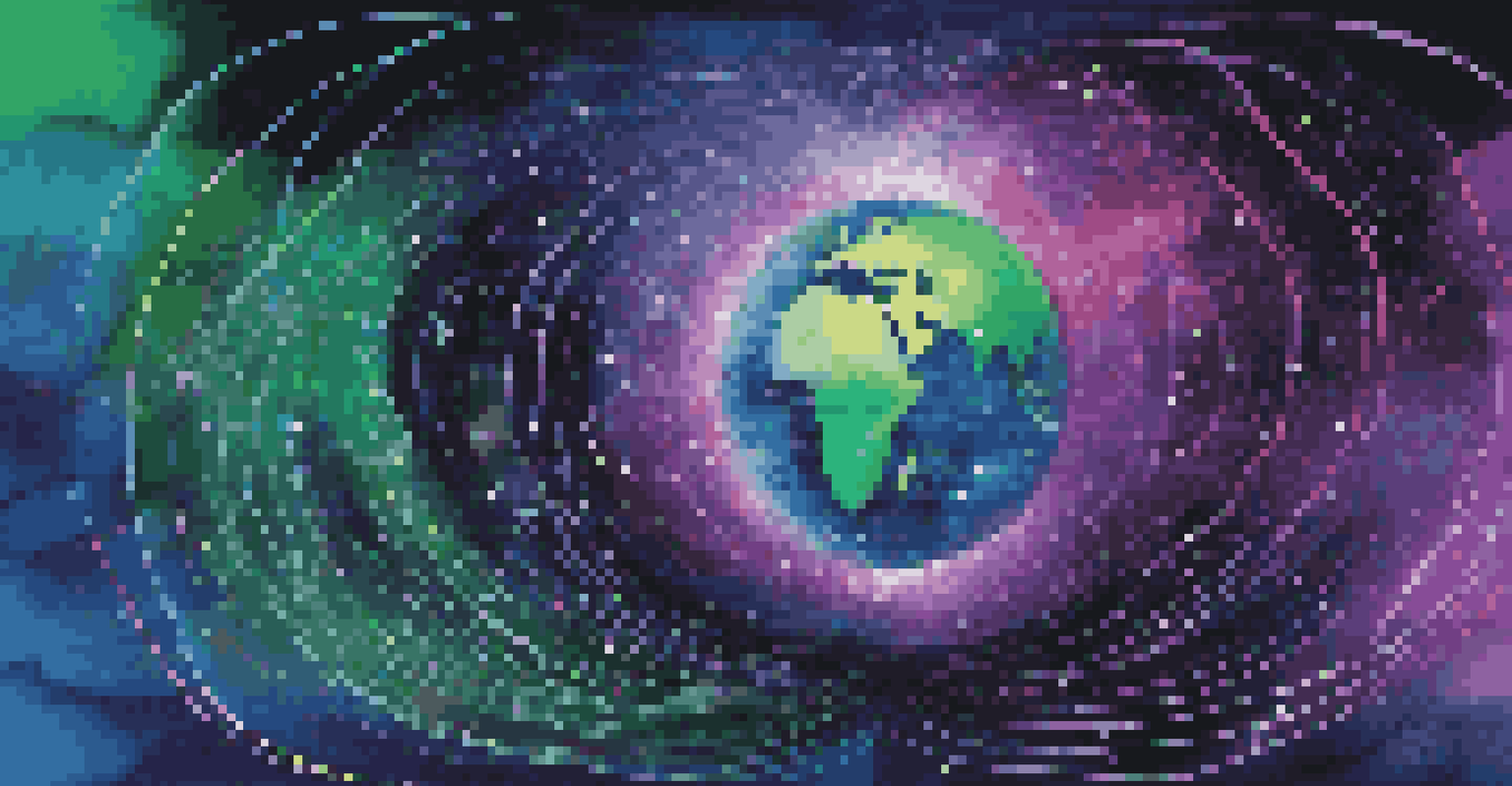 An abstract illustration of big data in finance with binary code flowing into a 3D globe in vibrant colors.