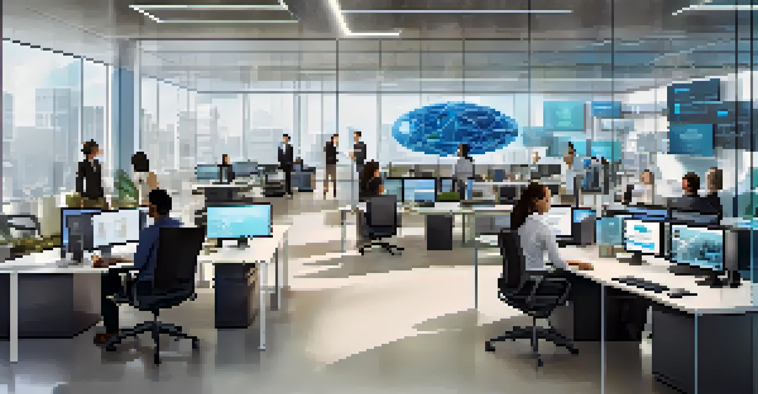 A modern office environment where employees collaborate with AI tools, surrounded by screens displaying data analytics.