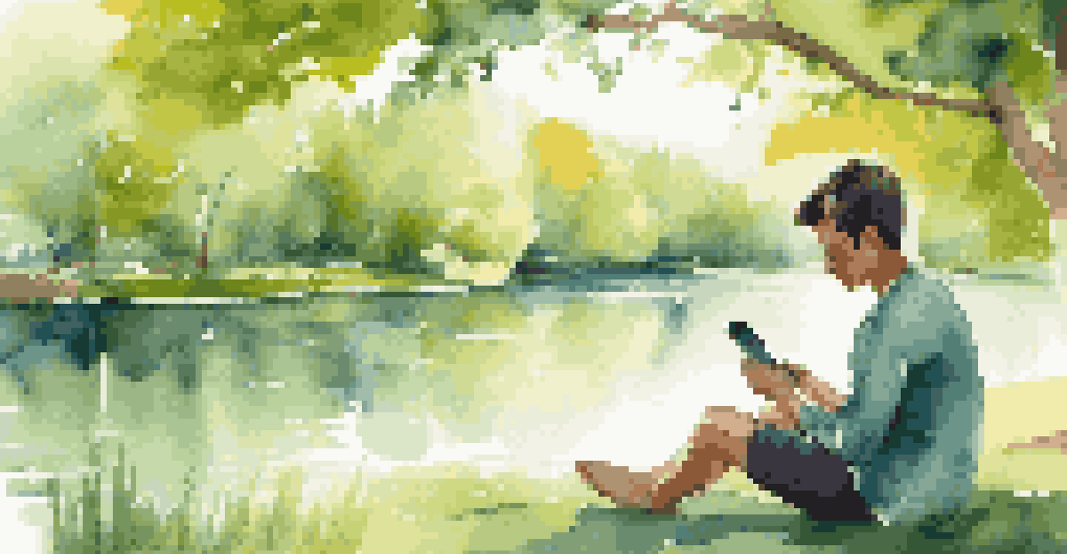 A person in a park using a mindfulness app on their smartphone, surrounded by nature.