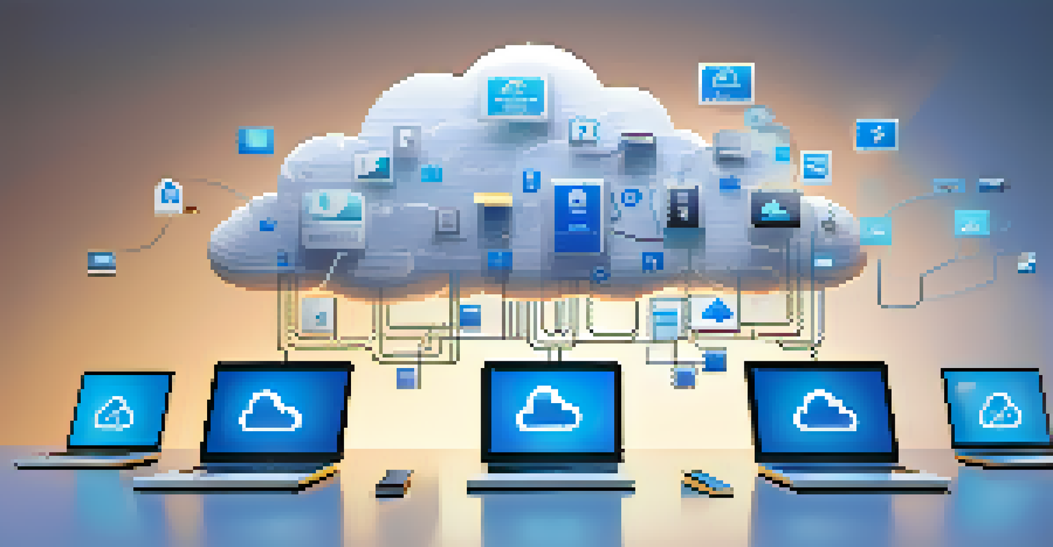 An abstract illustration of cloud storage with digital clouds and file icons connected to devices against a gradient background.