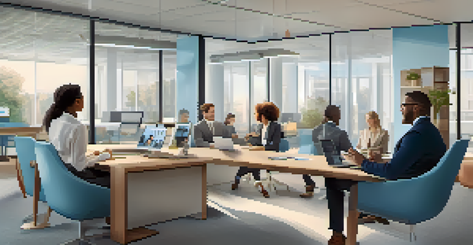 A diverse group of professionals smiling during a video conference, with a modern office in the background.