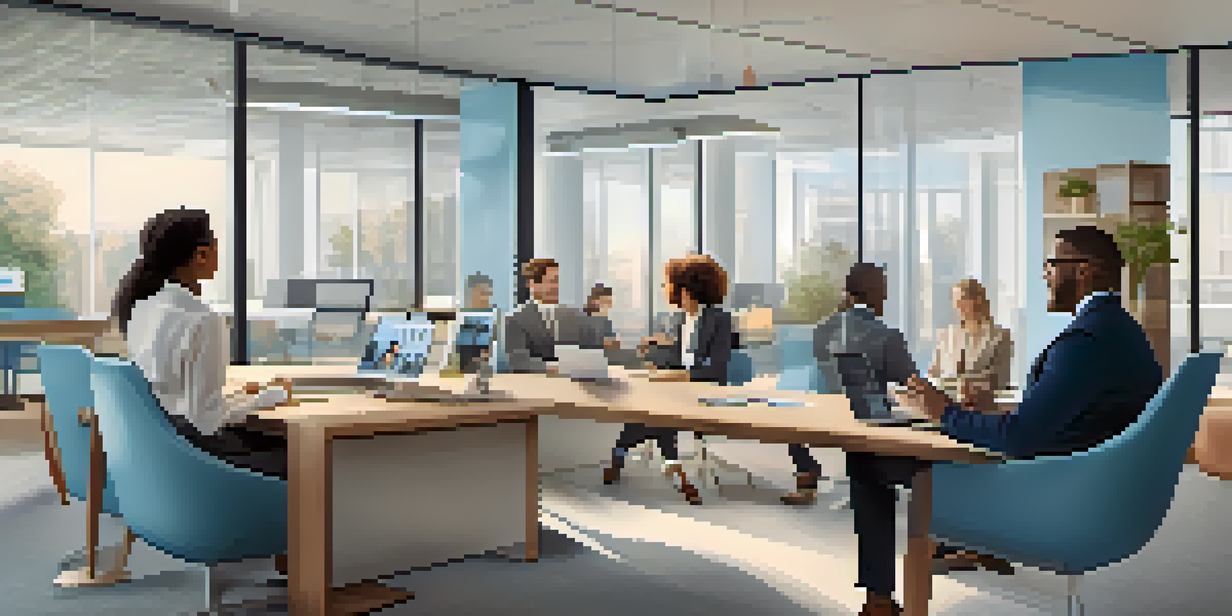 A diverse group of professionals smiling during a video conference, with a modern office in the background.