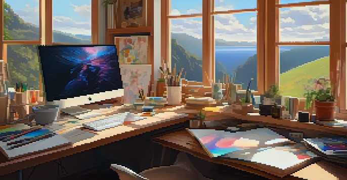 A digital artist's workspace with a computer, art supplies, and natural light coming through a window.