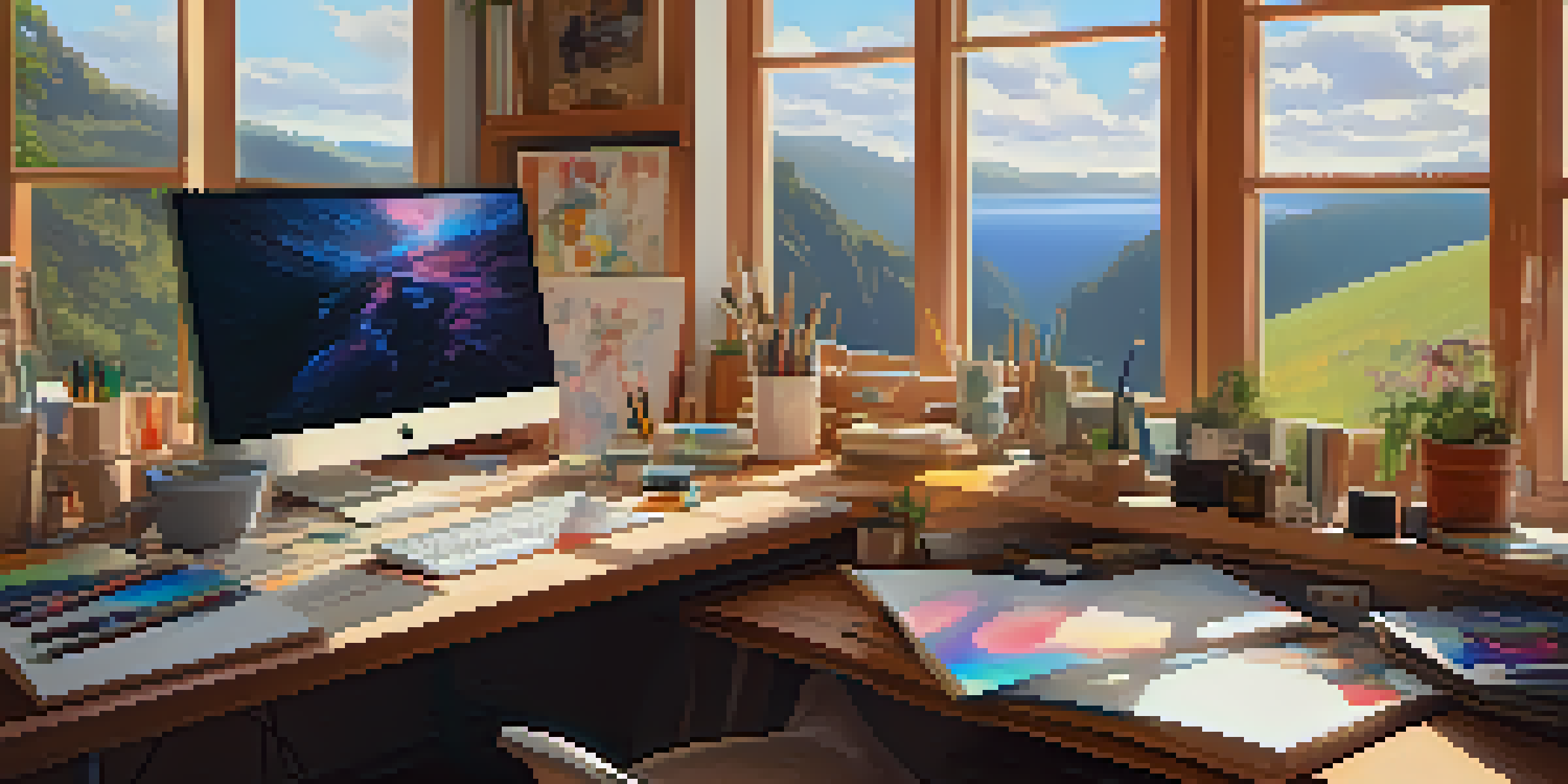 A digital artist's workspace with a computer, art supplies, and natural light coming through a window.