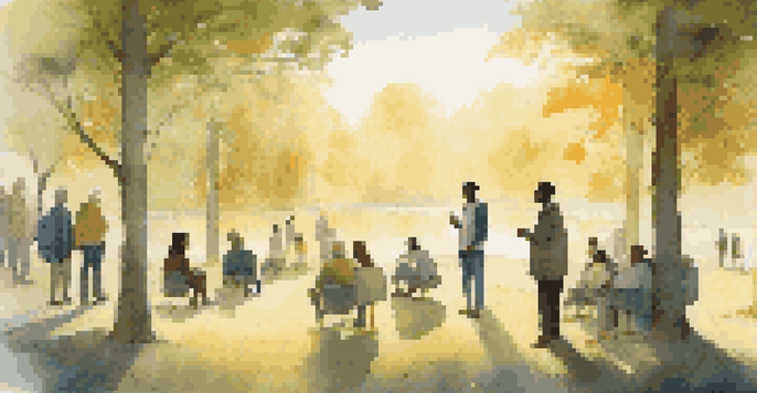 A diverse group of people discussing AI ethics in a sunny outdoor setting, gathered around a digital display.