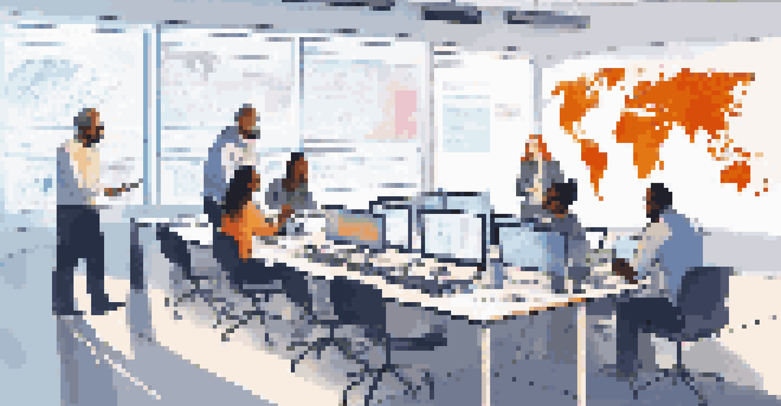 A diverse group of employees in a cybersecurity training session, collaborating around a conference table with a threat map on a screen.