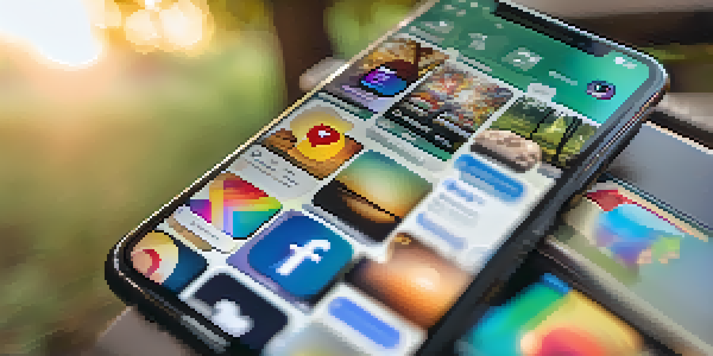 A smartphone displaying a colorful social media feed against a blurred outdoor background with sunlight filtering through trees.