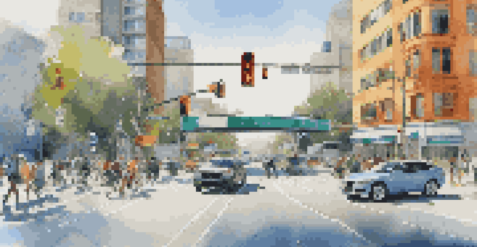 An urban intersection with connected vehicles and smart traffic lights, illustrating a smart city environment.