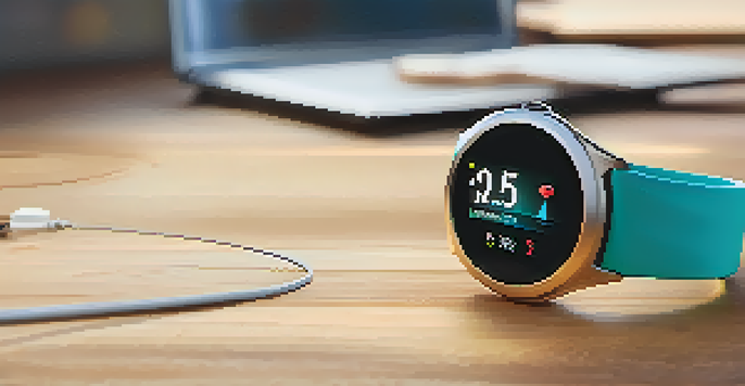 A close-up view of a smartwatch showing health metrics on its screen, placed on a wooden table with a fitness tracker in the background.