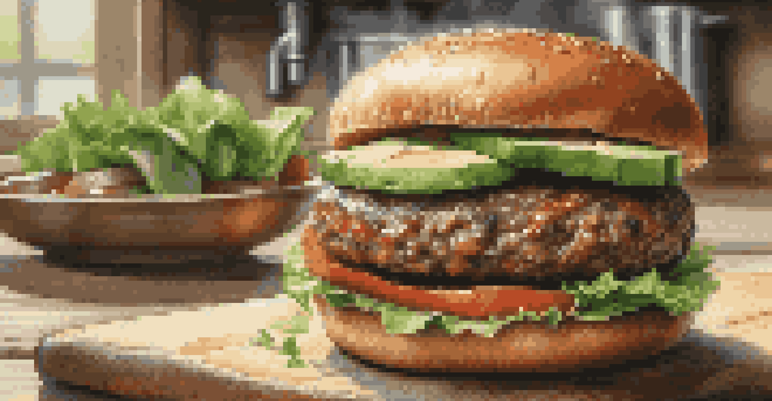 A close-up of a plant-based burger with fresh ingredients on a wooden table, set in a naturally lit kitchen environment.
