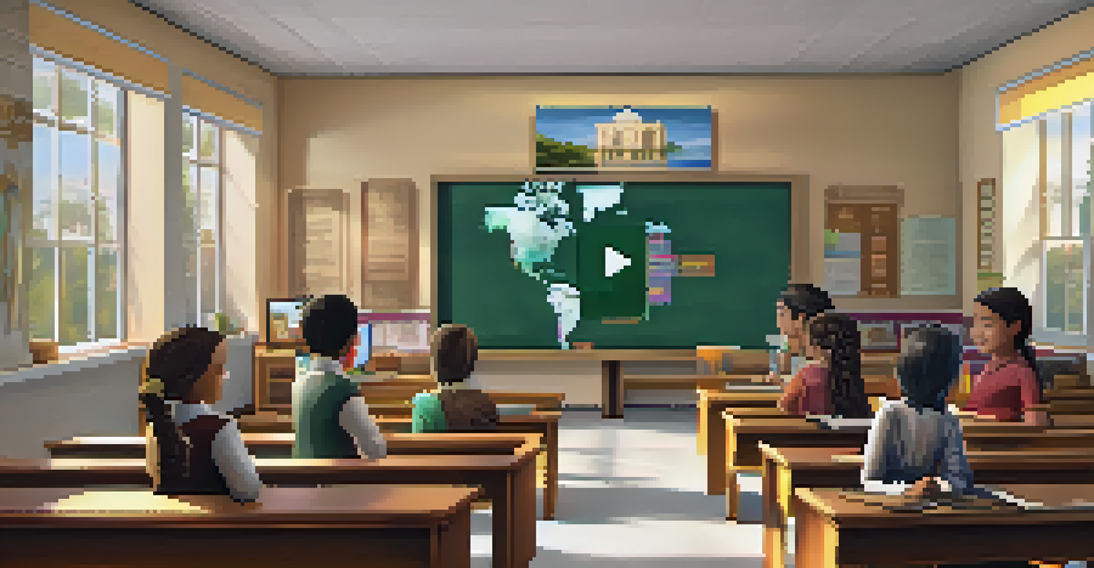 Students collaborate in a virtual classroom, interacting with a 3D historical timeline.