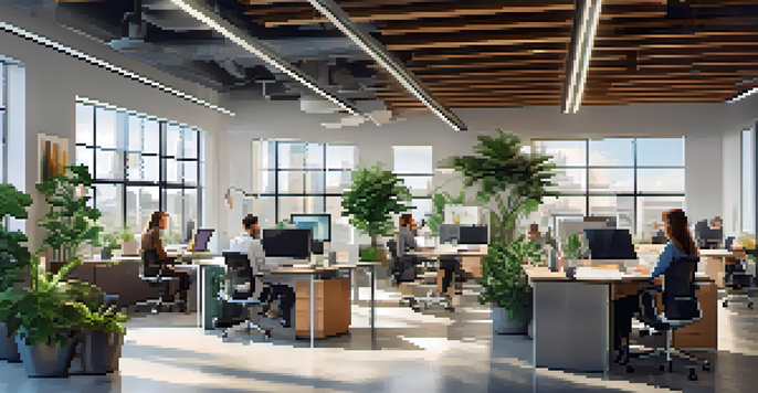 A bright and modern office with diverse professionals collaborating using digital devices, surrounded by greenery and sleek furniture.