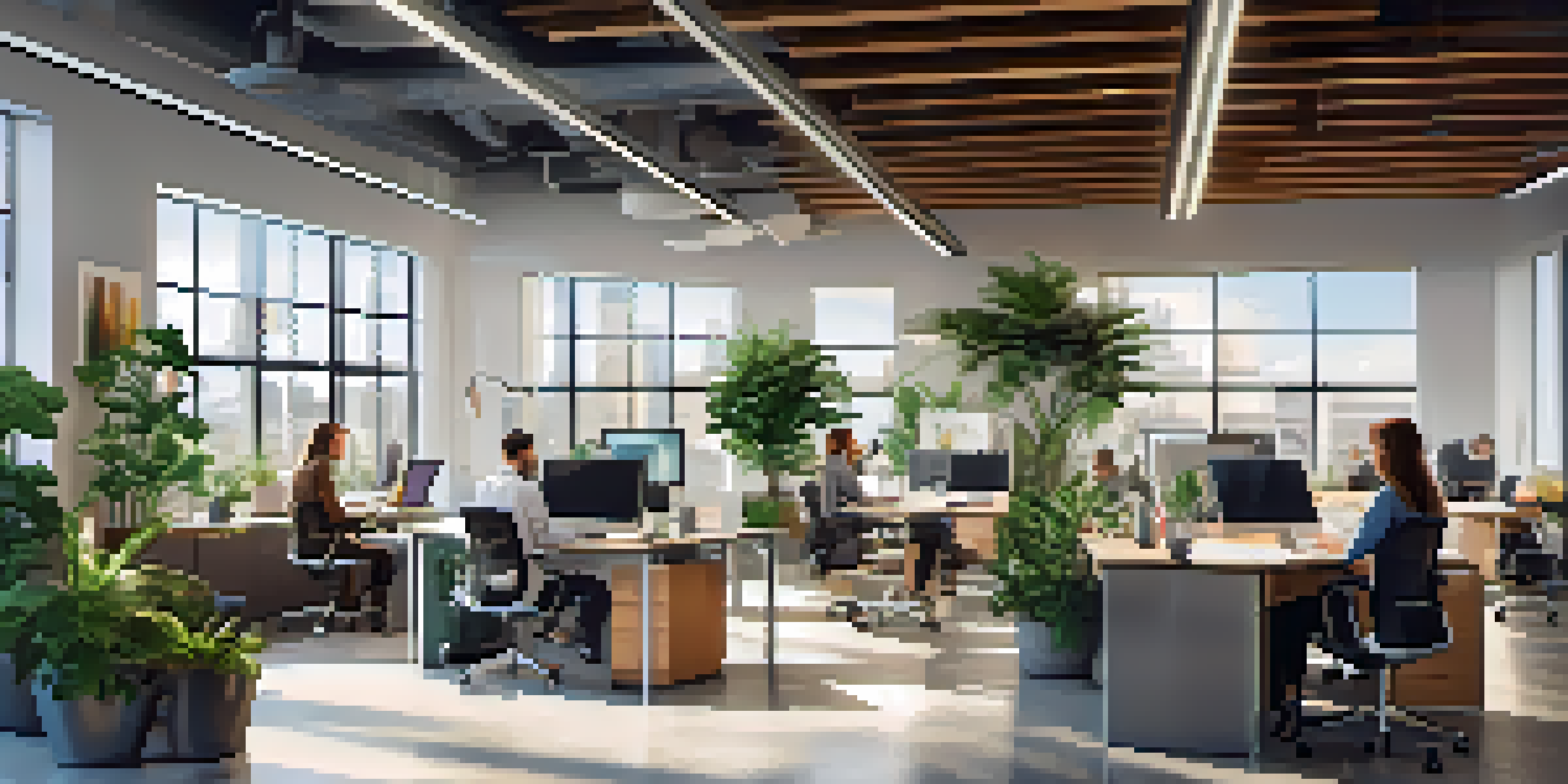 A bright and modern office with diverse professionals collaborating using digital devices, surrounded by greenery and sleek furniture.