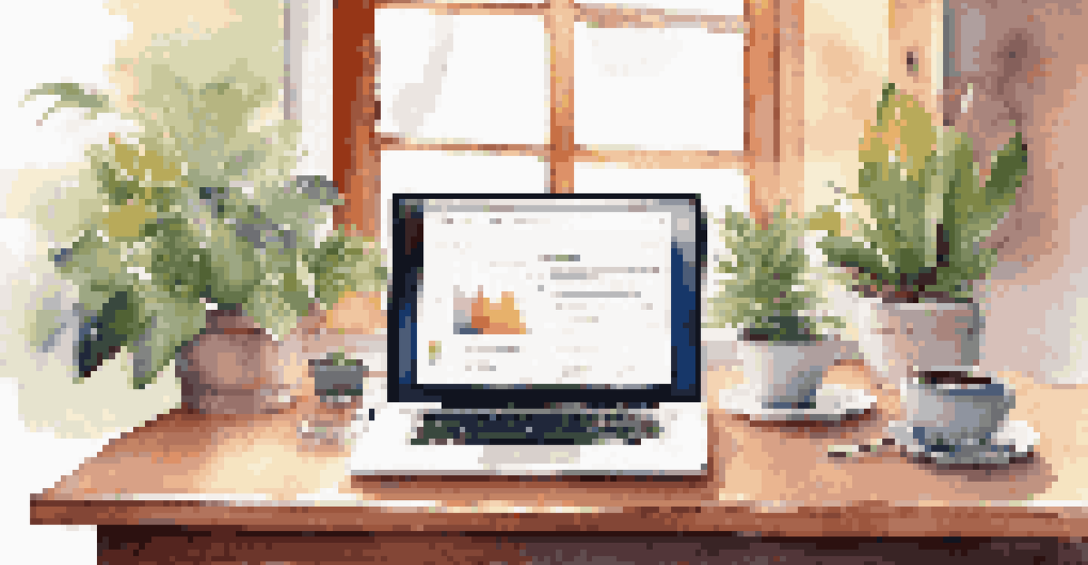 A cozy workspace featuring a laptop displaying an email marketing dashboard, with a cup of coffee and a plant, illuminated by soft sunlight.