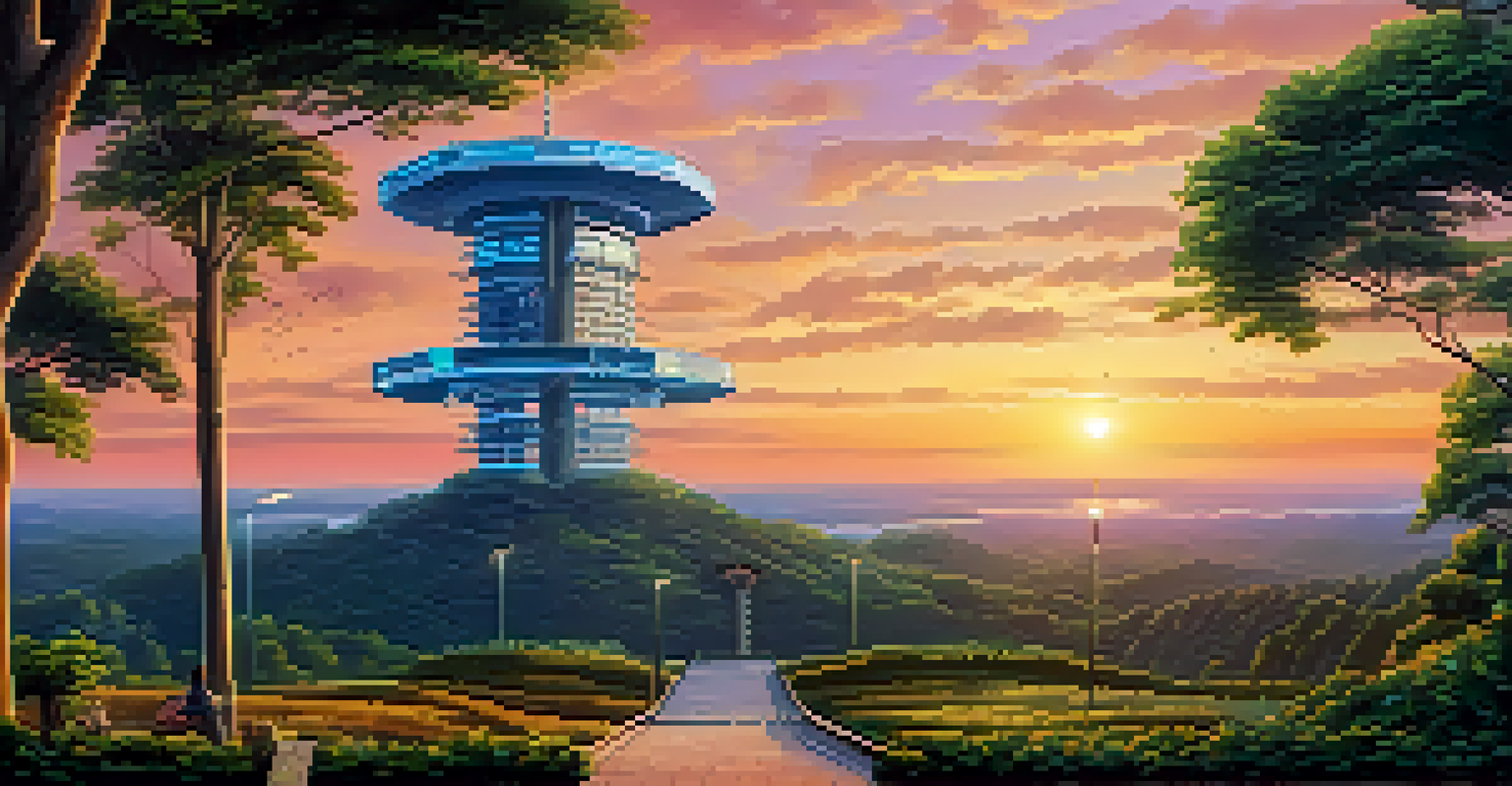 A landscape featuring a high-tech communication tower symbolizing quantum cryptography against a sunset sky, surrounded by greenery.