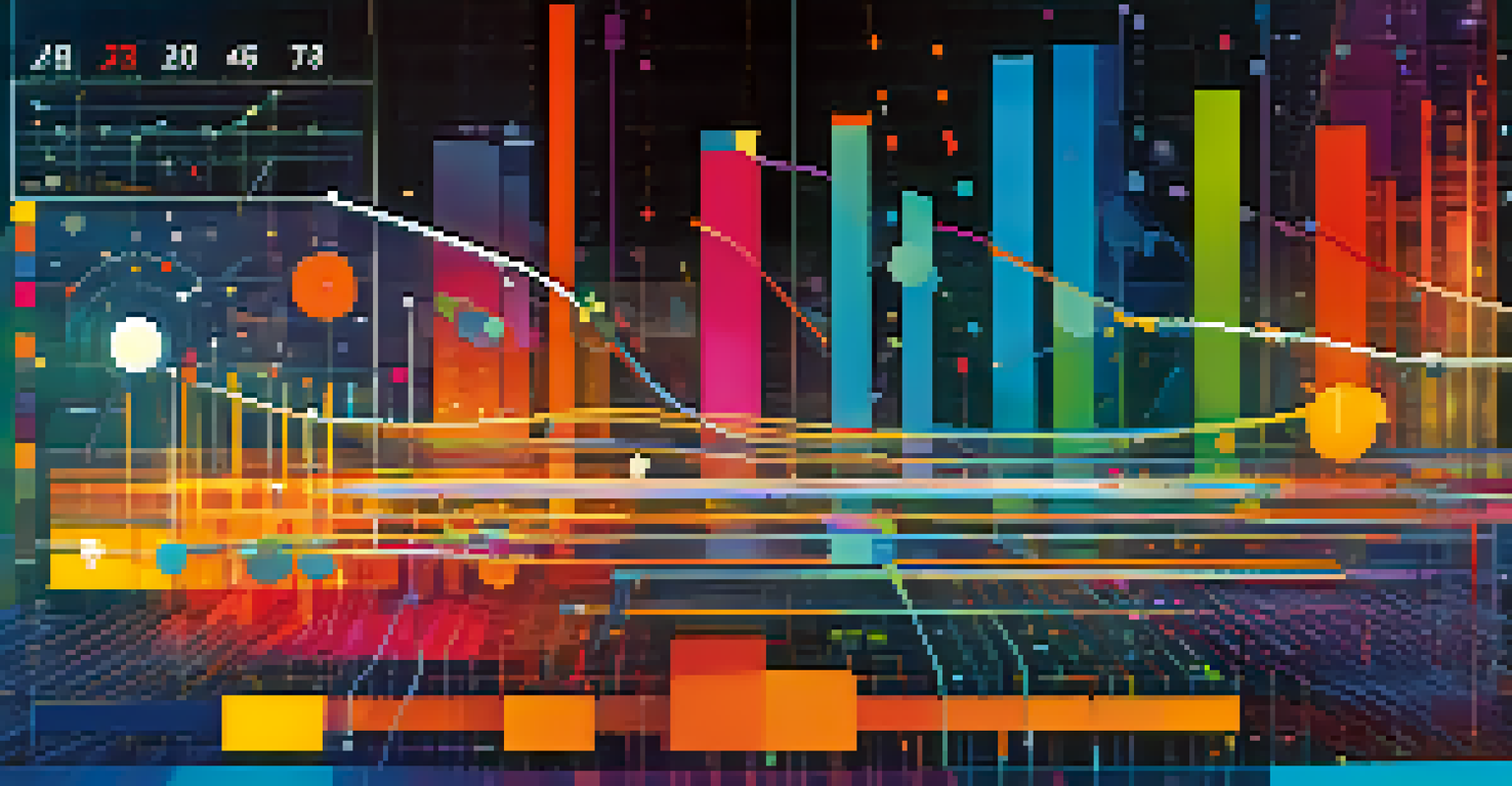 An abstract digital dashboard displaying colorful graphs and metrics, representing data analytics with connecting lines and dots.