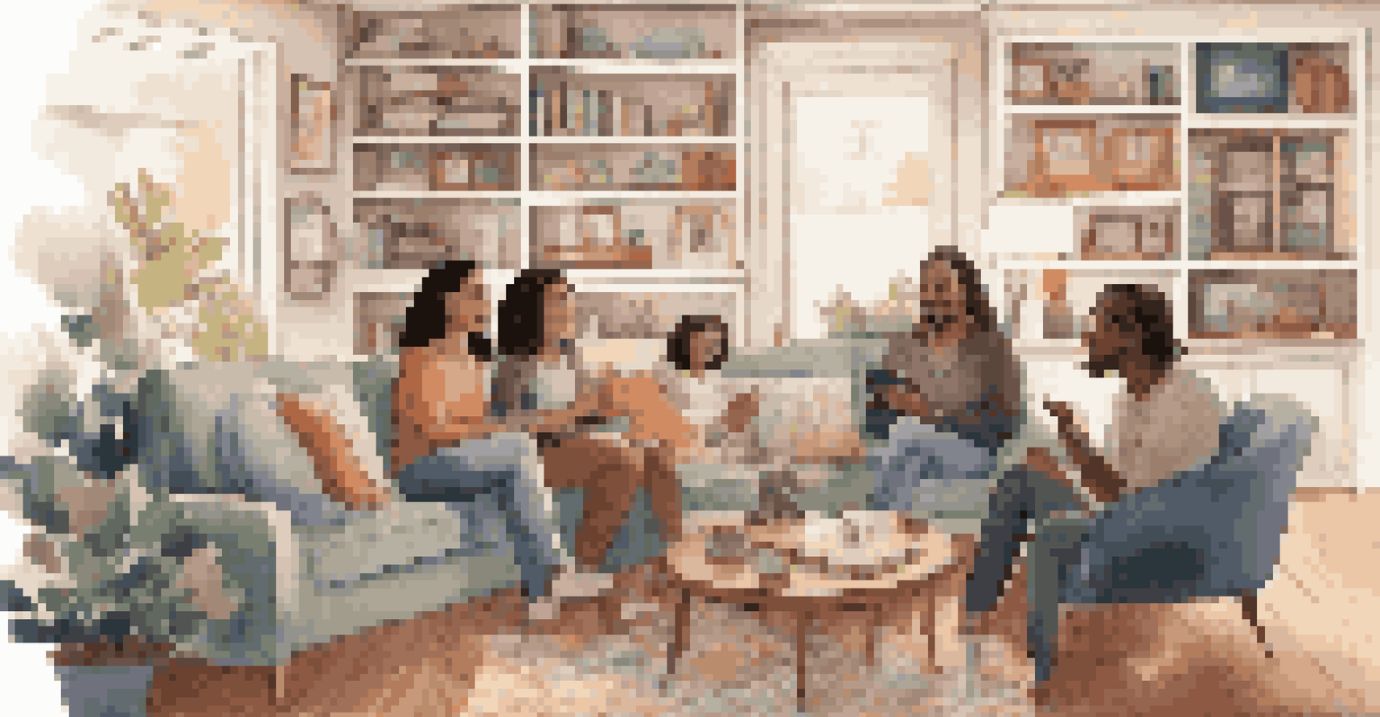 A diverse group of individuals using a voice assistant in a warm living room with bookshelves and artwork.