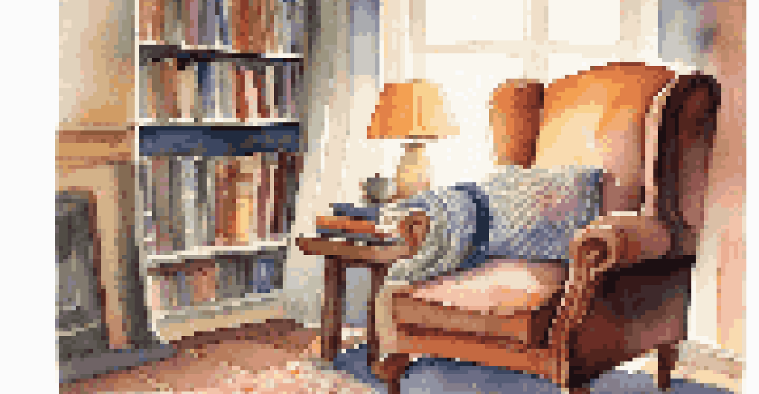 A comfortable reading nook with an armchair, a side table with a cup of tea, and a stack of books under warm lighting.